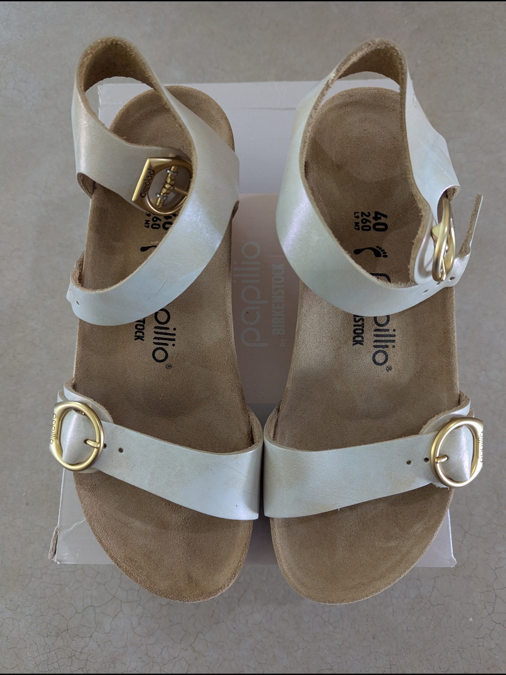 Birkenstock Papillio Soley Gold Ring-Buckle Sandals in Metallic Silver/White